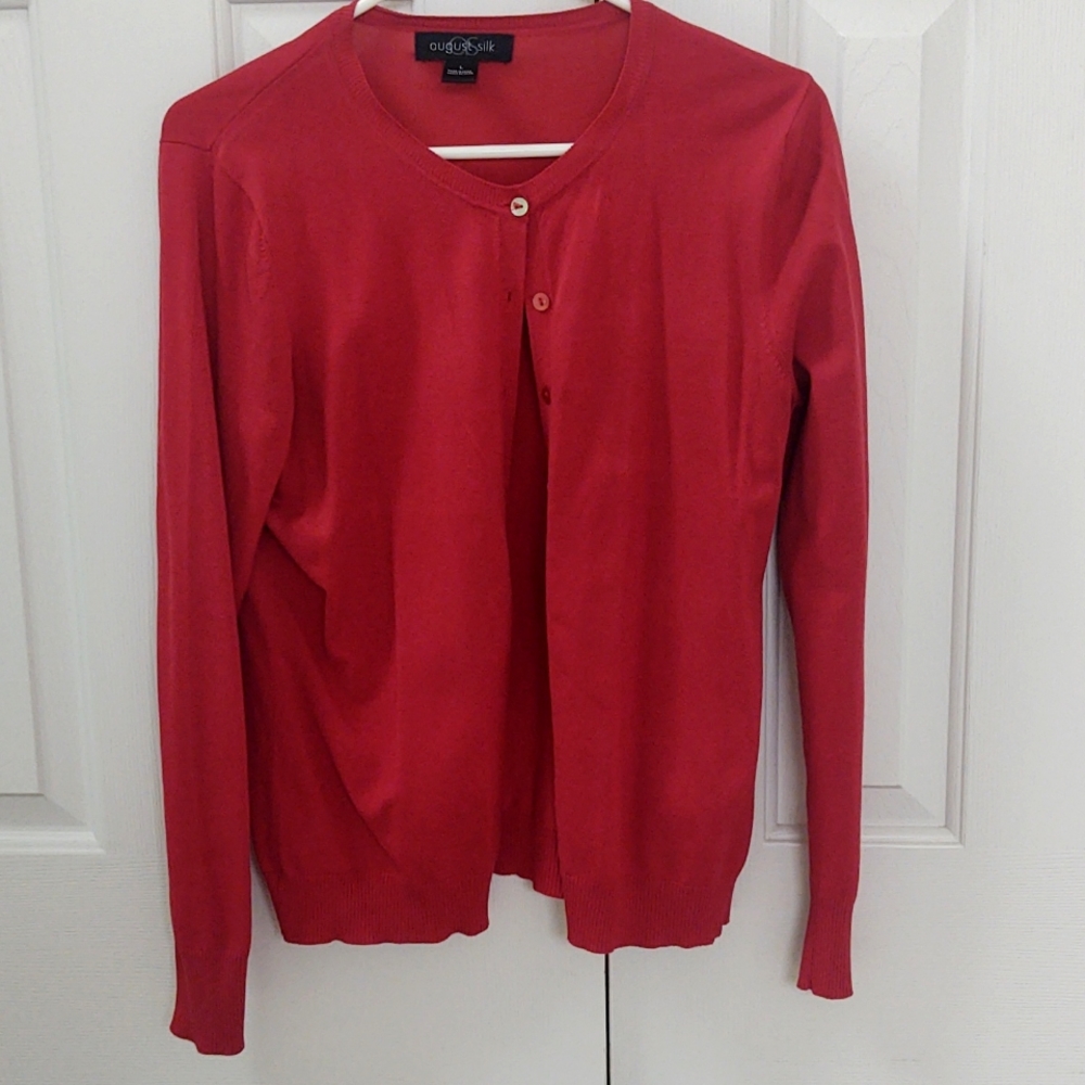August Silk Red Button Front Cardigan Size L UC